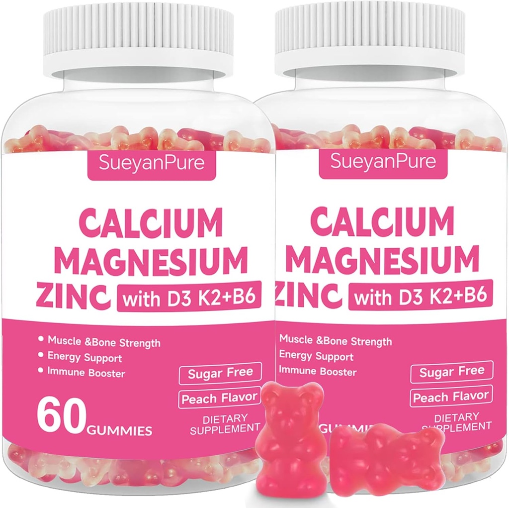 Sugar Free Calcium Magnesium Zinkgummier med VC D3 & B6 & K2,600 mg Calcium gummier med 300mg Magnesium Support Bone & Muscle for adult and Teens (60 Greve (pakke med 2))
