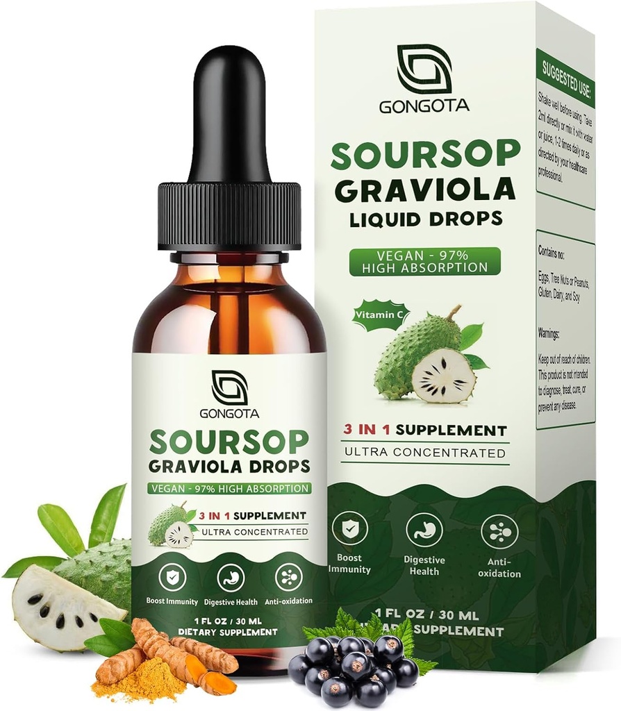 Soursop Graviola Liquid Drops, Organic Soursop Bitters med hyldebær & gurkemeje til cellulose, immunforsvar, fordøjelsesstøtte, urteudtræk, sukkerfri / gluten fri - 1 fl oz
