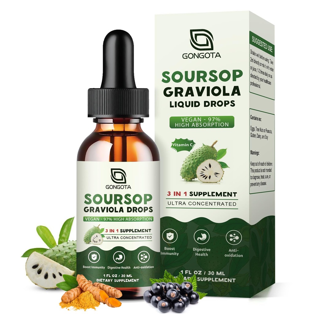 Soursop Graviola Liquid Drops, Organic Soursop Bitters med hyldebær & gurkemeje til cellulose, immunforsvar, fordøjelsesstøtte, urteudtræk, sukkerfri / gluten fri - 1 fl oz