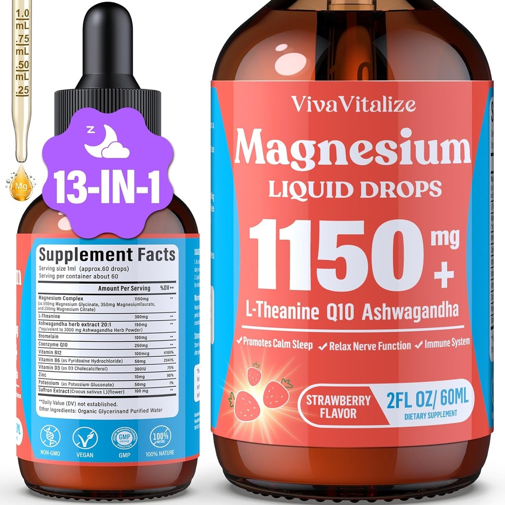 Magnesium Glycinat Væske, Triple Magnesium Complex Liquid Drop, Magnesium Taurat & Citrate Væske til voksne Rolig Stress Support, Muskel Afslapning, God søvn