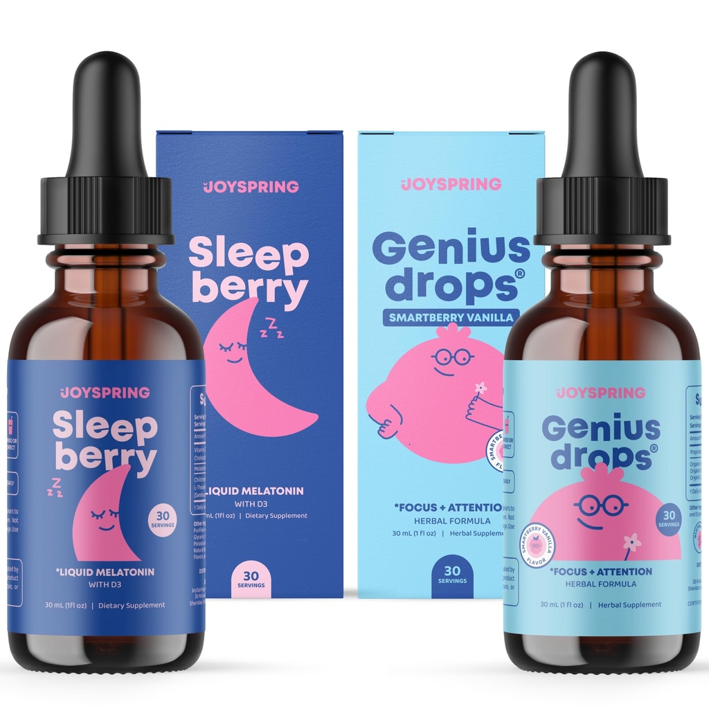 JoySpring SleepBerry Flydende Melatonin og Genius Drops Smartberry Vanilla til børn