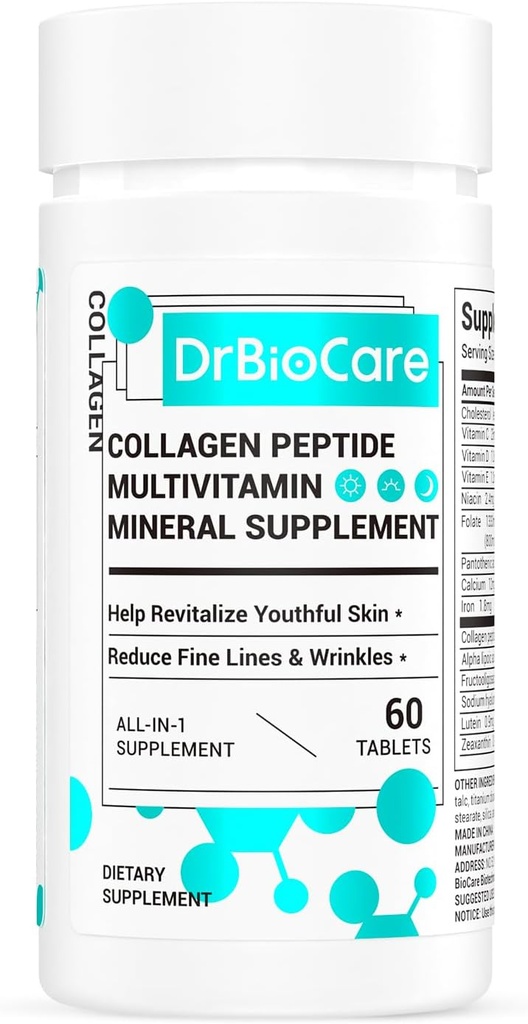 DrBioCare Collagen Peptider til kvinder, Skønhed Vitamin & Mineral supplement, Indeholder vitamin D3, Probiotika til kvinder & Collagen Peptider, Vitamin B Complex, Vitamin E 60 tabletter
