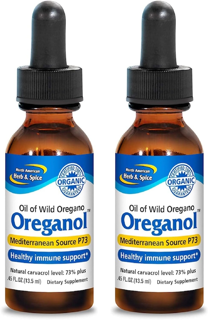 NORTH AMERICAN HERB & SPICE Oreganol - 0,45 fl oz, Pack of 2 - Uforarbejdet, Wild, Organic Oregano Oil - Mediterranean Source P73 - Non- GMO - 388 Total Servering