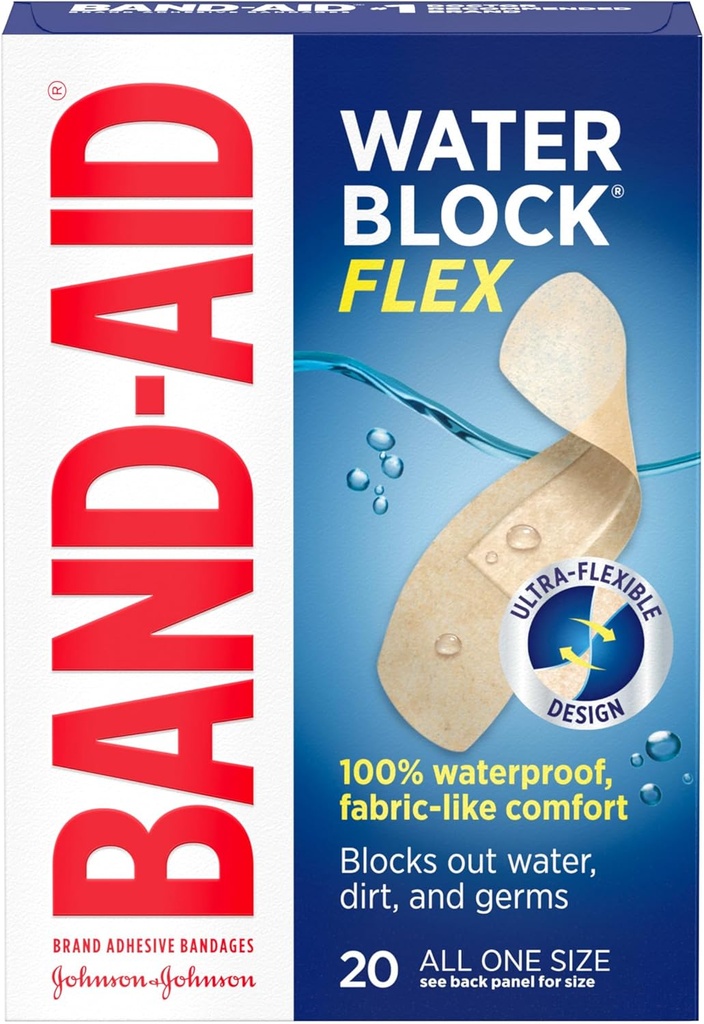 Band- Aid Brand Water Block Flex 100% vandtæt Adhesive Bandages for First-Aid Wown Care of Minor Cuts, Scrapes & Wounds, Ultra-Flexible Design, Steril, All One Size, 20 ct