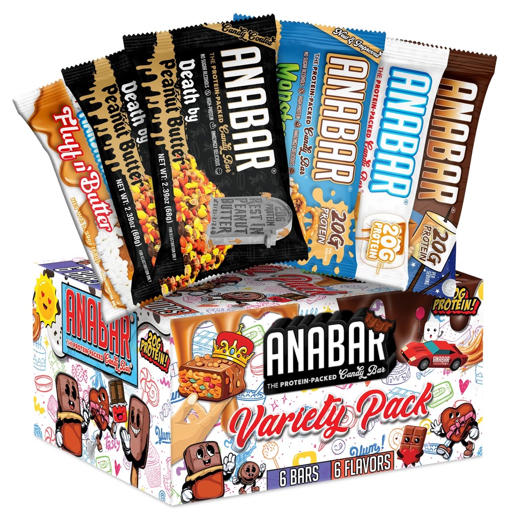 Anabar Protein Bar, The Sampler Pack, The Protein- Packed Candy Bar, Verdens bedste smagsprøve Protein Bar, Ingen sukkeralkoholer, High Protein, Amazingly Delicious, 20 Bedste Protein (6 Barer, Original Variety)
