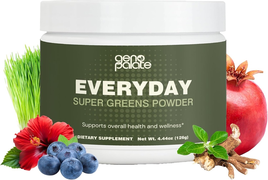 GenoPalate Everyday Super Green, Plant- baserede næringsstoffer med Barley Grass, Spirulina, Gurkemeje & Probiotika, Understøtter energi, fordøjelse, Antioxidanter & Stress, Vegan, Gluten- Free, Non- GMO, 30 Servere