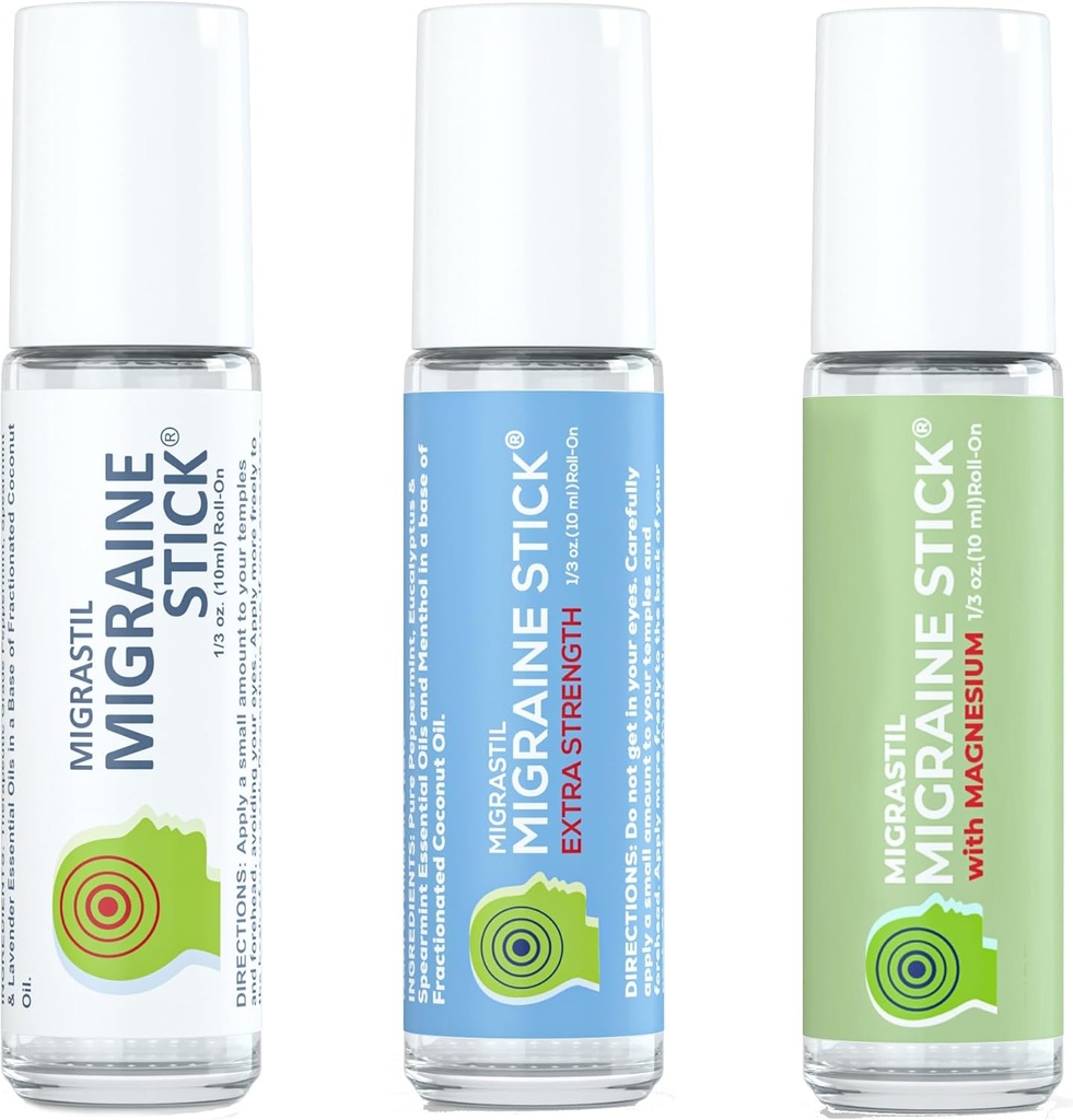 Migræne Stick Super Bundle med Original, Ekstra Styrke, og Magnesium Migræne Sticks.