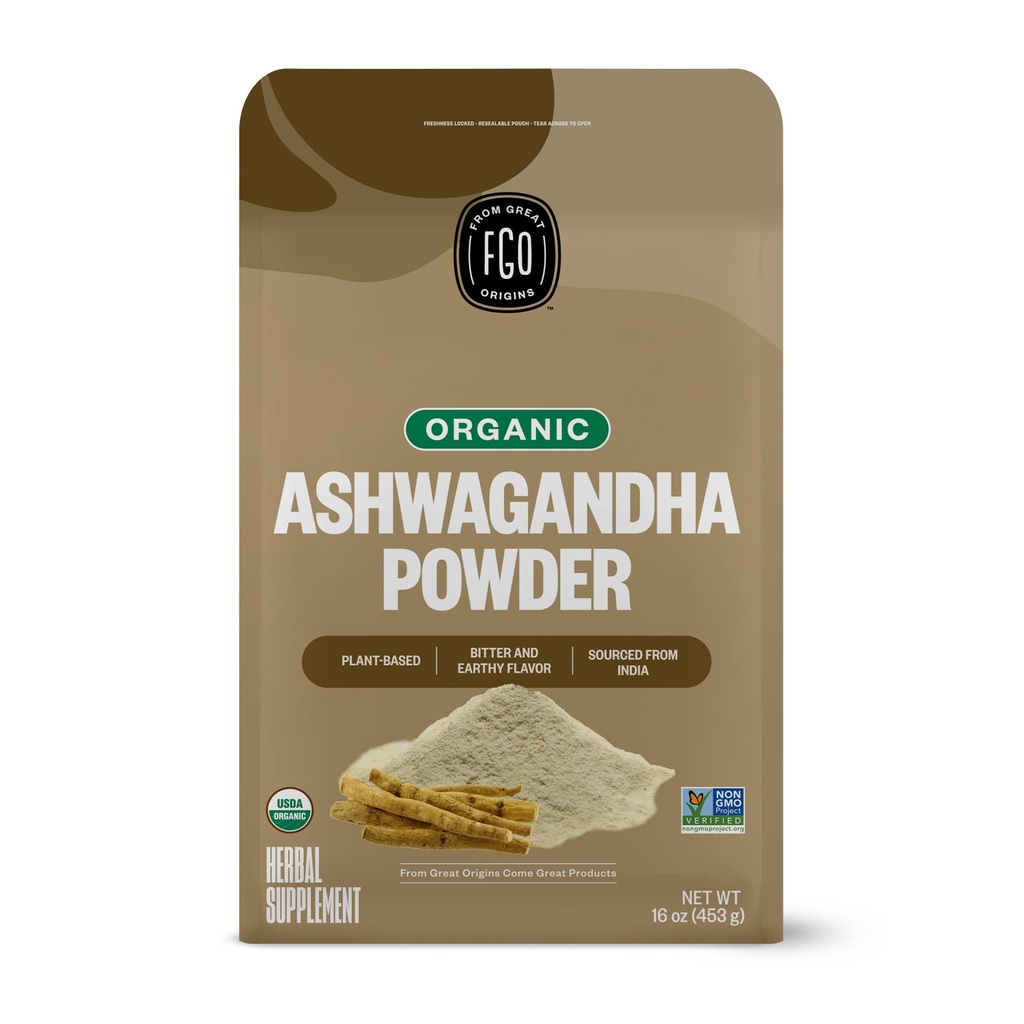 FGO Organic Ashwagandha Root Powder, 16oz Resealable Bulk Bag, Non- GMO, Indisk Ginseng, Withania Somnifera, Sourced from India (Pack of 1)