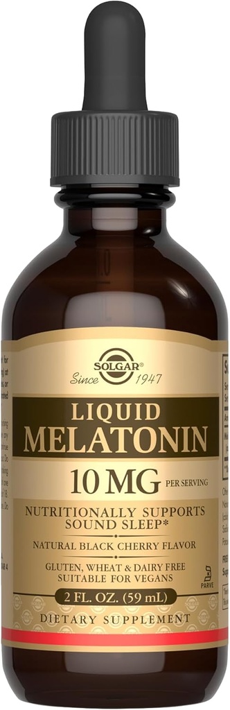 SOLGAR Flydende Melatonin 10 mg, Natural Black Cherry Flavor - 2 fl oz - Great for Jet Lag - Vegan, Gluten & Dairy Free, Kosher - 59 Servere
