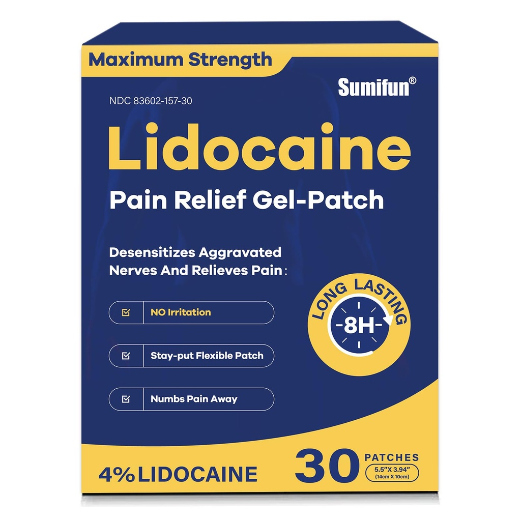 Sumifun 4% Lidocain Pain Relief Patches 30 Tæl maksimal styrke Nummerering Gel Patch til Tilbage Knee Neck fælles Ache Muskel ømhed Topical Analygesic FSA eller HSA Støtteberettiget