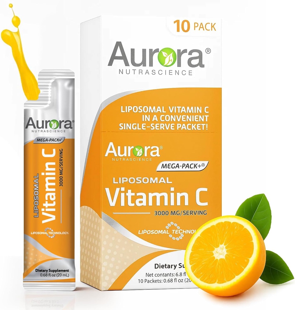 Aurora Nutrascience Mega- Pack Liposomal C-vitamin, immunforsvar, 3 000 mg per servering, Vegan, Gluten Free, Non- GMO, 10 enkeltpakninger, Orange