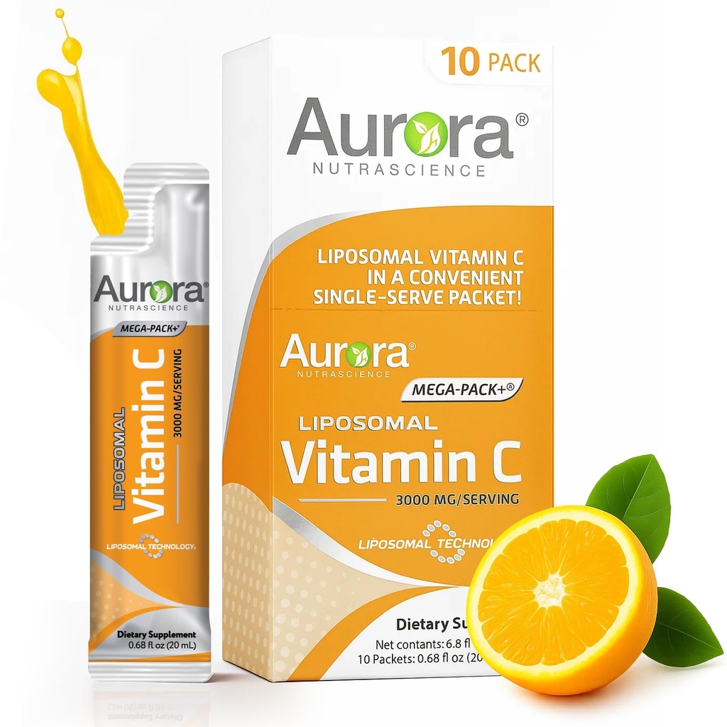 Aurora Nutrascience Mega- Pack Liposomal C-vitamin, immunforsvar, 3 000 mg per servering, Vegan, Gluten Free, Non- GMO, 10 enkeltpakninger, Orange