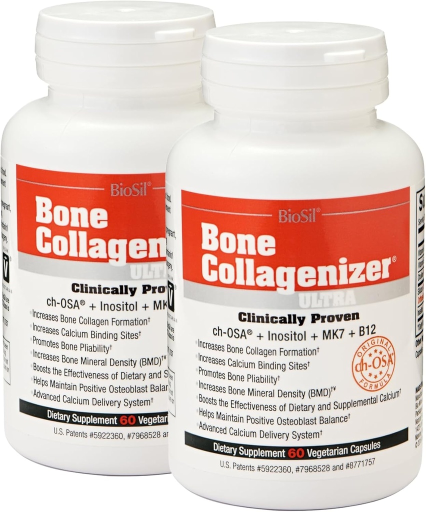 Biosil Bone Collagenizer Ultra - 60 Veggie Capsules, Pack of 2 - with Patented ch- OSA Complex + Cholin, Inositol, MK7 & Vitamin B12 - GMO Free - 60- Day Supply