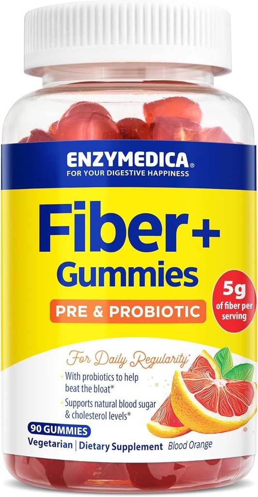 Enzymedica Fiber + Gummier med Prebiotics & Probiotics for daglig regelmæssighed, Vegetarisk, 5g Fiber, Natural Fiber Supplement, for mænd og kvinder, Blood Orange Flavor, 90 ct