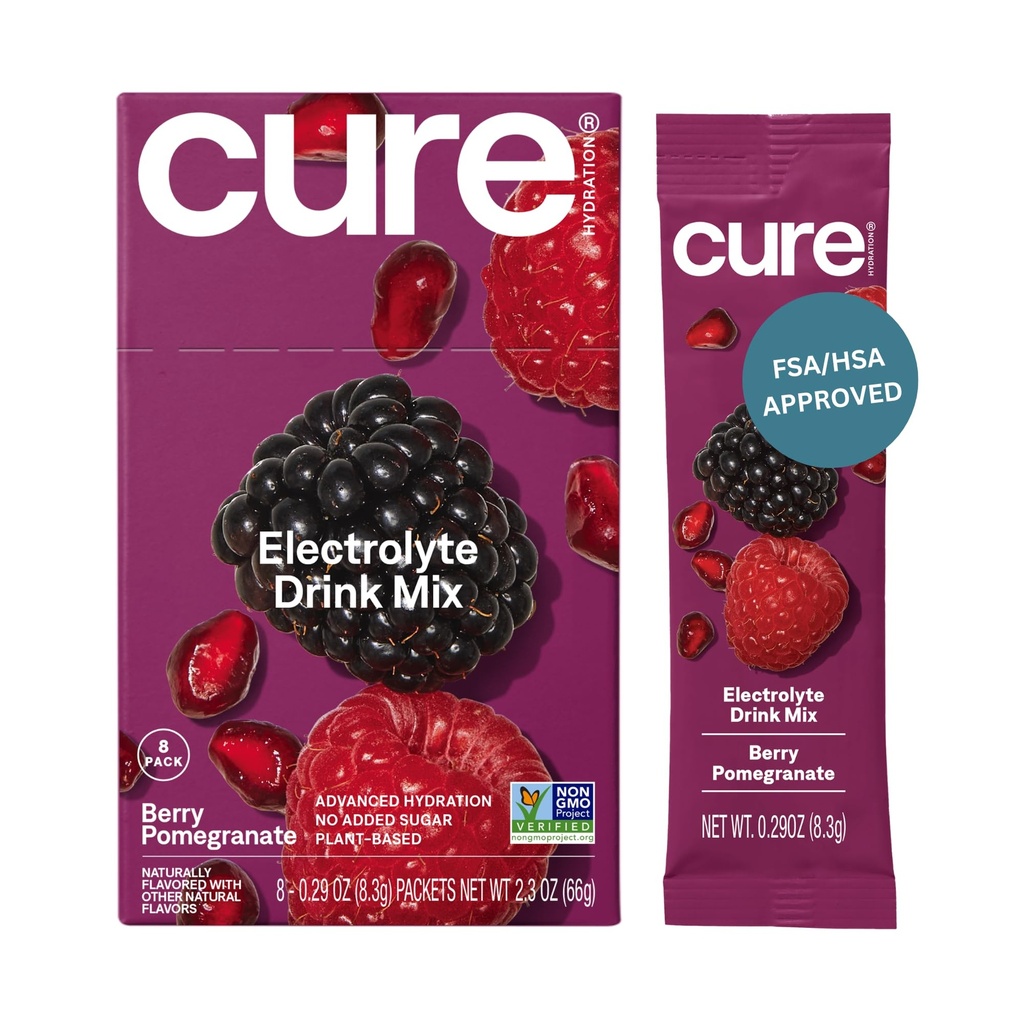 Cure Hydration • 124; Plantbaseret elektrolytdrik • 124; Ingen tilsat sukker • 124; Dehydrering • Hjælpepulver fremstillet med kokos • 124; ikke- GMO • 124; Vegan • 124; Æske med 8 pakker - Berry Pomegranate