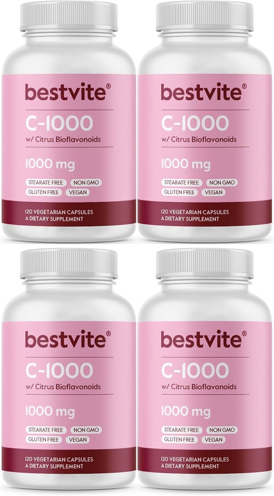 BESTVITE C 1000mg (480 vegetariske kapsler) (120 x 4) med Citrus Bioflavinoider - ingen stearater - Vegan - Ikke GMO - Gluten Free