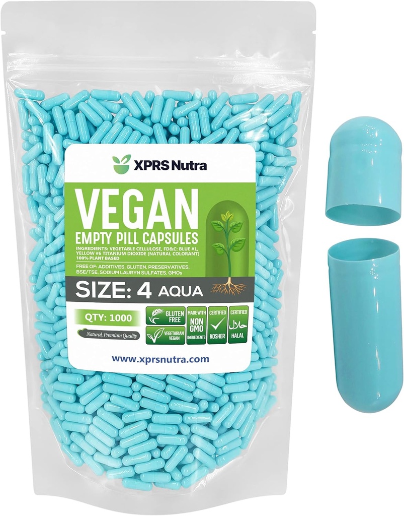XPRS Nutra størrelse 4 Tomme kapsler - 1000 Greve små tomme Vegansk kapsler - selv vegetabilsk kapsel påfyldning - Fyldelig Do- It- Yourself Veggie Pill Caps til kosttilskud (Aqua)