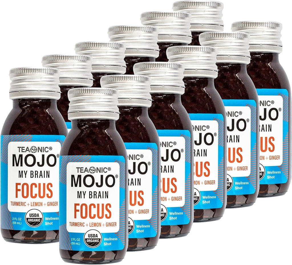 TEAONIC Min hjerne Mojo: Fokus Wellness Shots - USDA- Certified Vegan Formel med Ginkgo Biloba, Ginger, Gurkemeje - 12 flasker x 2 Fl Oz Hver - Glutenfri, Non- GMO