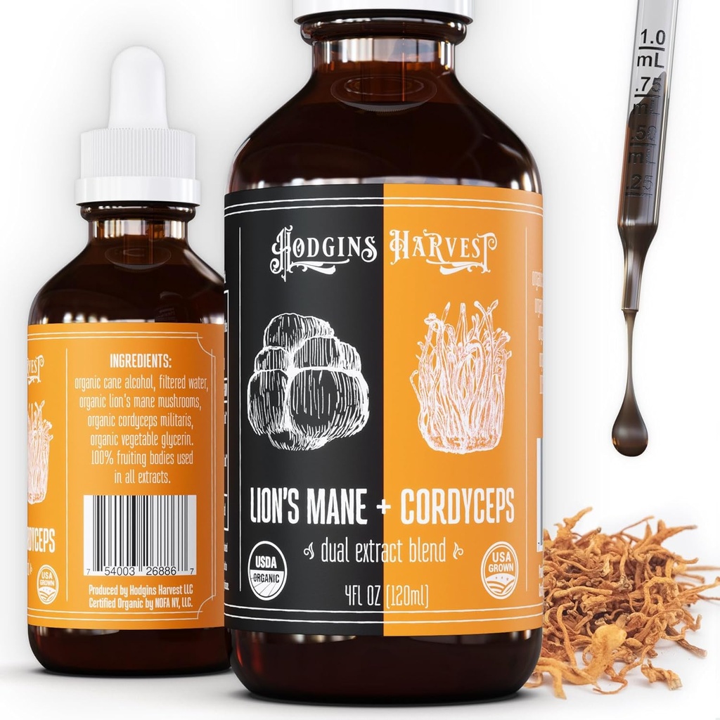 Hodgins Harvest Organic Lion 's Mane + Cordyceps Tincture Memory 124; Fremstillet med svampe dyrket på vores gård i USA Memory Extract Memory 124; Ekstra koncentreret (4 fl oz)