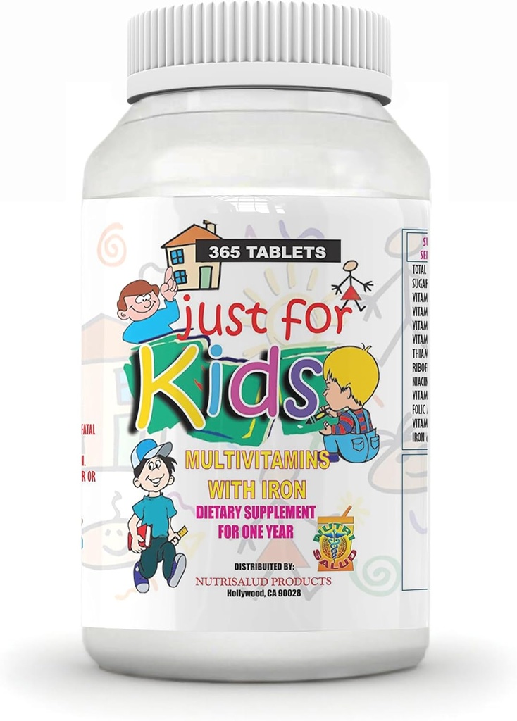 Vitaminas para niños Just for Kids. Suplemento para todo un año.Vitaminas y Minerales para el crecimiento, Memoria y apetito en Forma de Dulce para niños de 4 años en adelante.