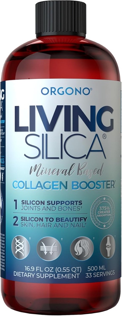 Orgono Living Silica Collagen Booster Name 124; Vegansk Mineral- Based Silica Supplement 124; Understøtter sund Collagen & Elastin Produktion til fælles & Knoglestøtte, glødende hud, stærk hår & negle