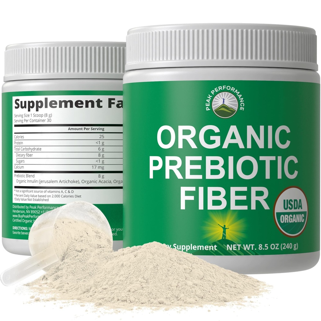 Organic Prebiotic Fiber 3- in-1 Vegan Powder for Gut Health. USDA Organic Raw Whole Food Plant Based Prebiotics Diguestive Supplement med Organic Inulin (Jerusalem Artichoke), Acacia Fibers, SunFiber