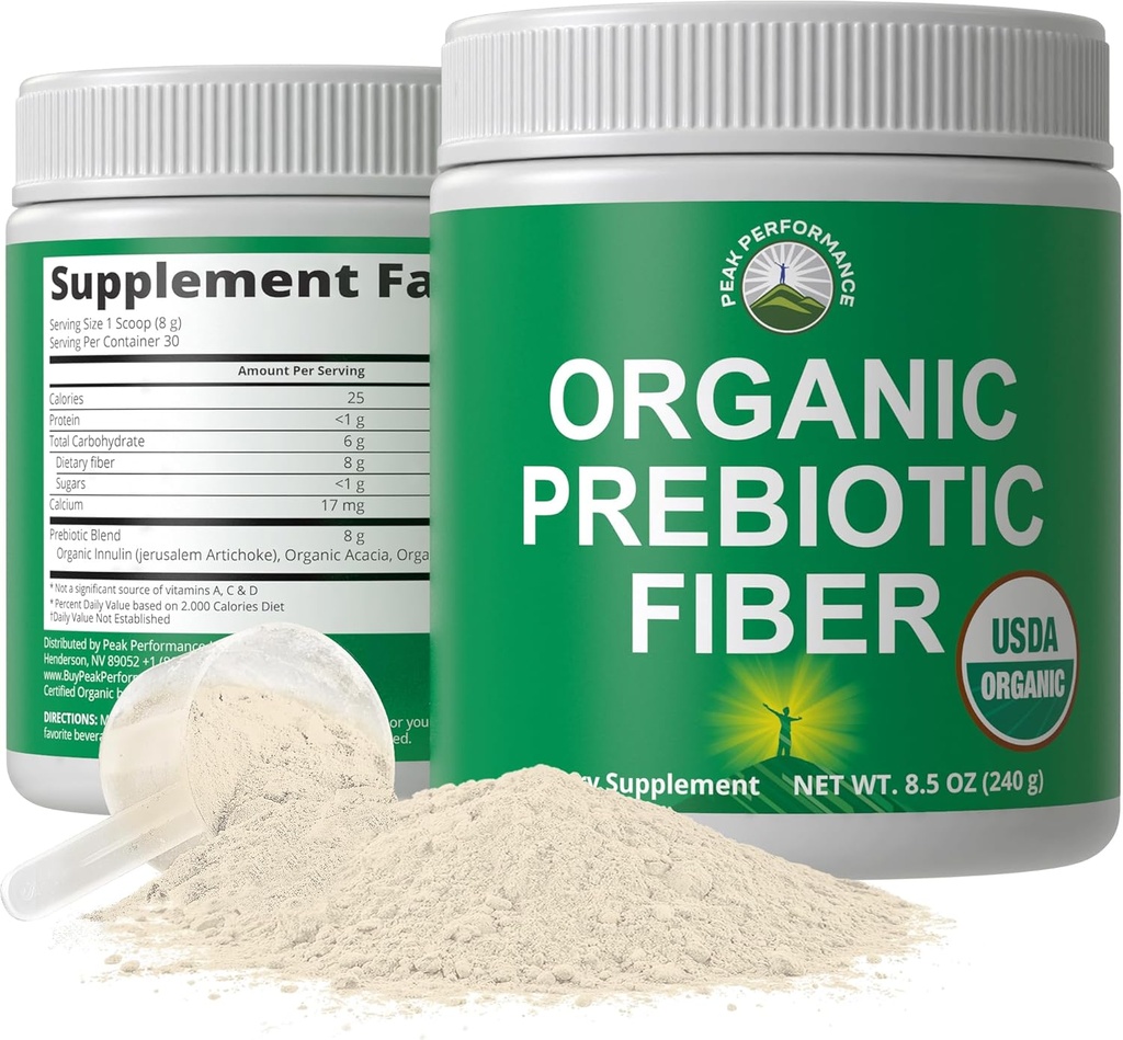 Organic Prebiotic Fiber 3- in-1 Vegan Powder for Gut Health. USDA Organic Raw Whole Food Plant Based Prebiotics Diguestive Supplement med Organic Inulin (Jerusalem Artichoke), Acacia Fibers, SunFiber