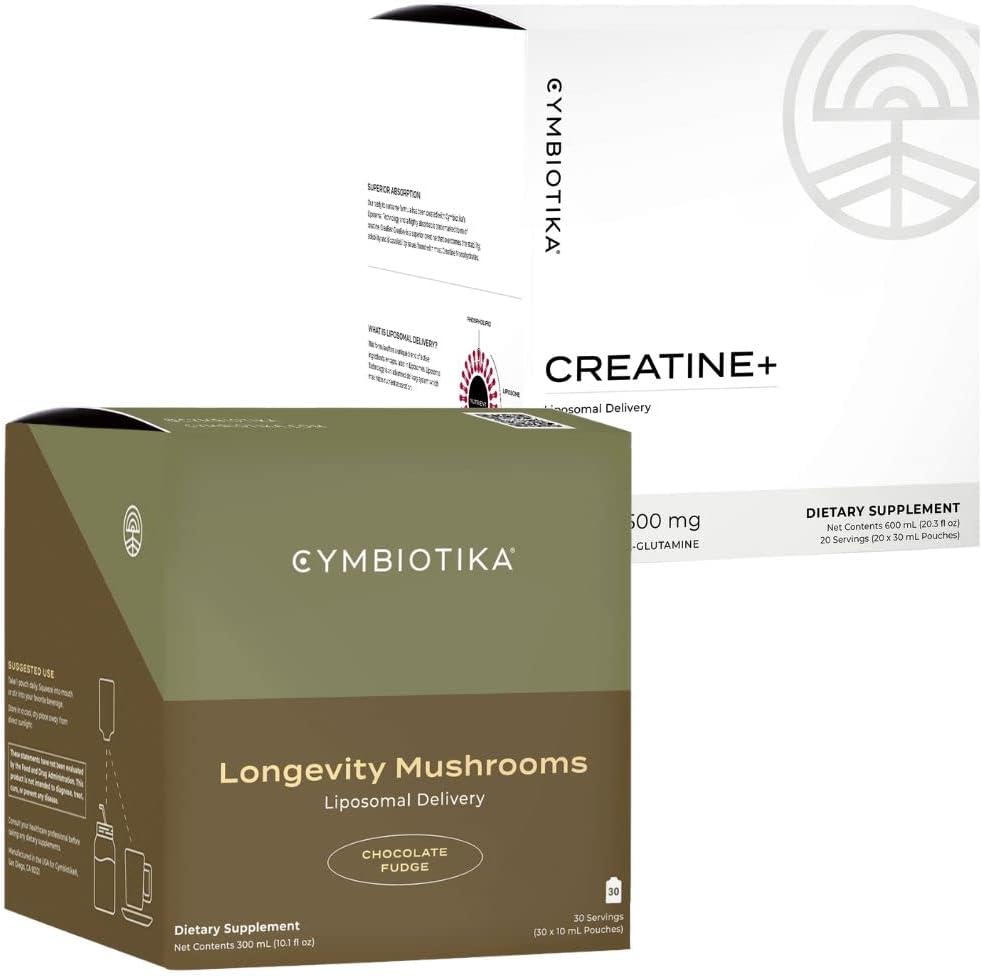CYMBIOTIKA Liposomal Mushroom Supplement & Creatin + Bundle, Lions Mane, Tyrkiet Tail, B- Vitaminer, Cordyceps & Reishi Mushrooms, Amino Energy, Recovery, & Muscle Mass