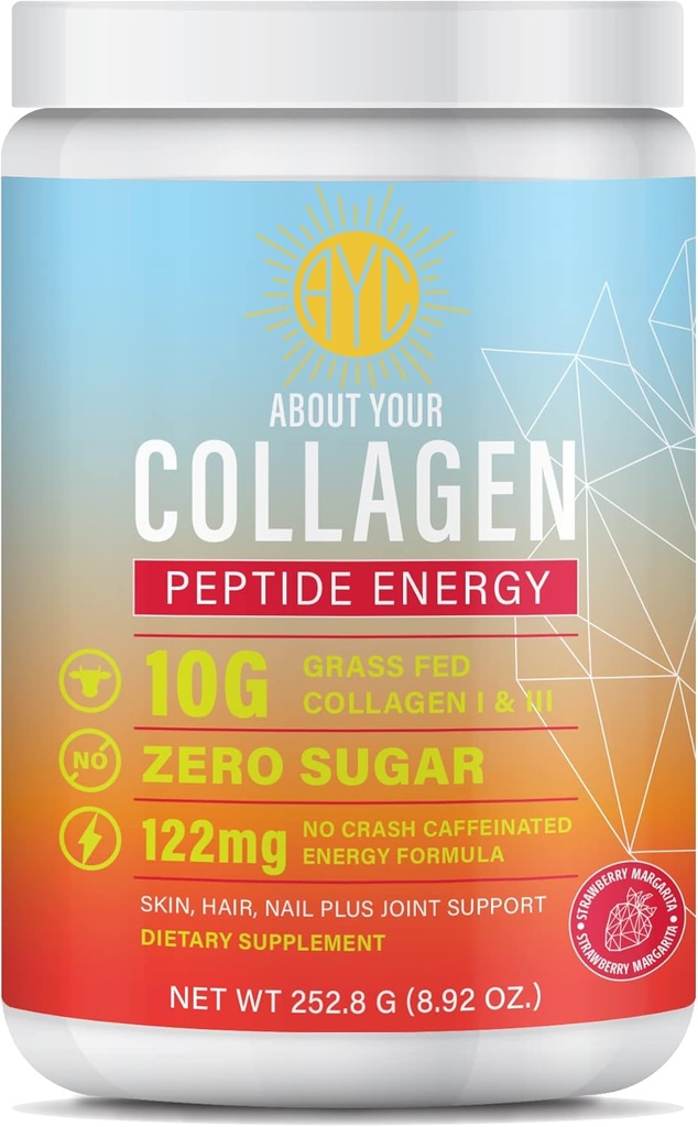 Peptid Energy Collagen Pulver Hår, Negle, Hud, Type I & III, Koffein til energi, C-vitamin, biotin, Hyaluronsyre, Zero Sugar - 8,92 oz (Jordbær Margarita)