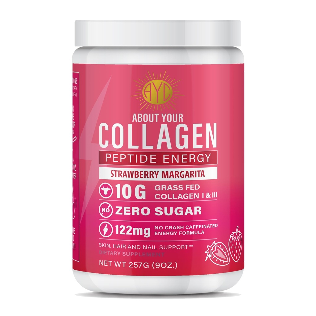 Peptid Energy Collagen Pulver Hår, Negle, Hud, Type I & III, Koffein til energi, C-vitamin, biotin, Hyaluronsyre, Zero Sugar - 8,92 oz (Jordbær Margarita)