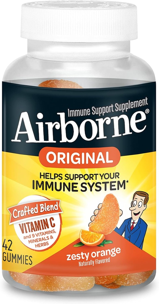 Airborne C-vitamin 750mg (per servering) Zesess Orange Flavored Gummies (42 Tæl i en flaske), Gluten- fri immunforsvar supplement med vitaminer A C E, Selenium, Echinacea, Ingefær, Antioxidant