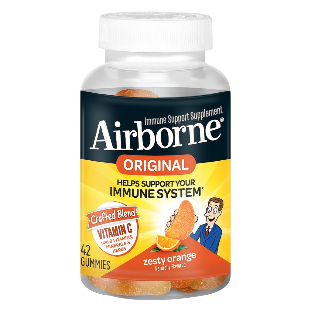 Airborne C-vitamin 750mg (per servering) Zesess Orange Flavored Gummies (42 Tæl i en flaske), Gluten- fri immunforsvar supplement med vitaminer A C E, Selenium, Echinacea, Ingefær, Antioxidant
