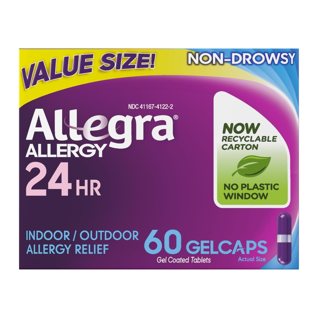 Allegra Voksen 24- timers Allergi Relief Gelcaps, Non- Drowsy Indendørs og Udendørs Allergi Medicin, 180 mg Fexofenadine HCI Antihistamin Pill, 60- greve