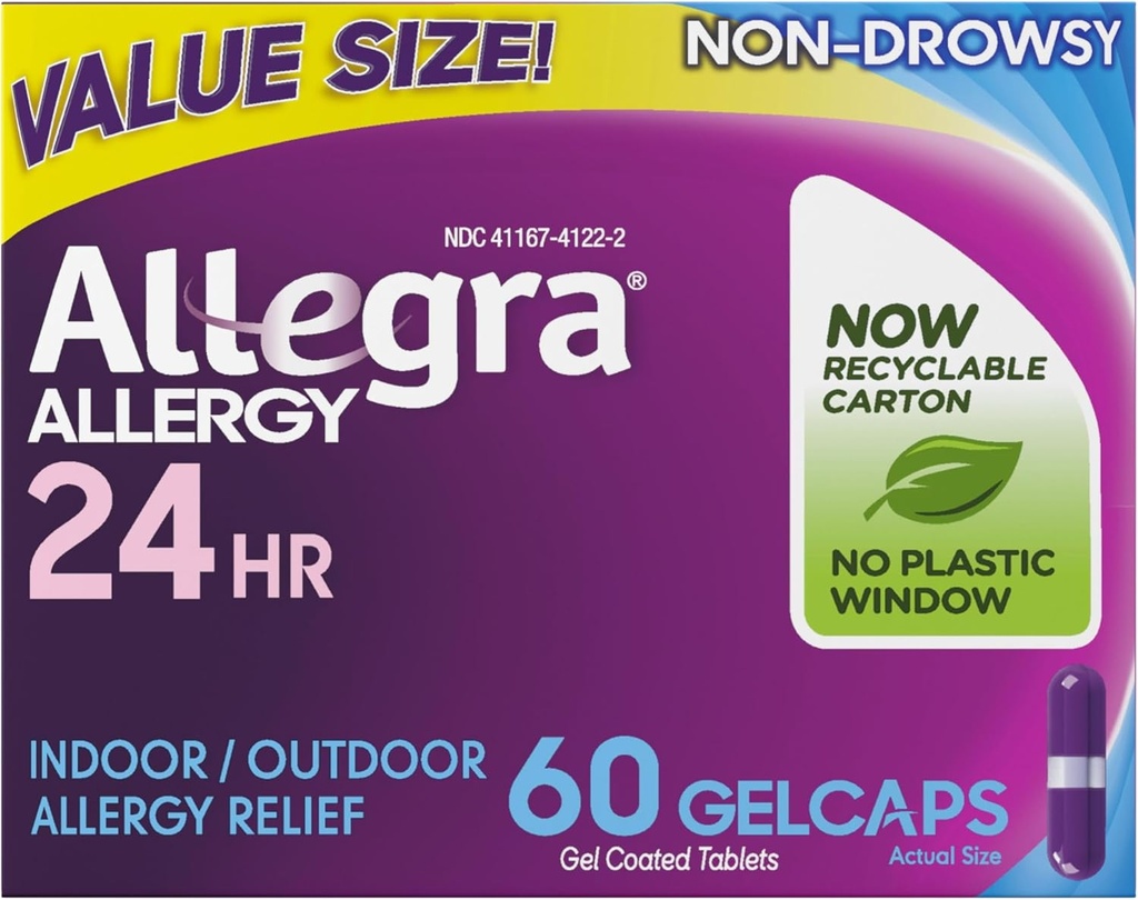 Allegra Voksen 24- timers Allergi Relief Gelcaps, Non- Drowsy Indendørs og Udendørs Allergi Medicin, 180 mg Fexofenadine HCI Antihistamin Pill, 60- greve