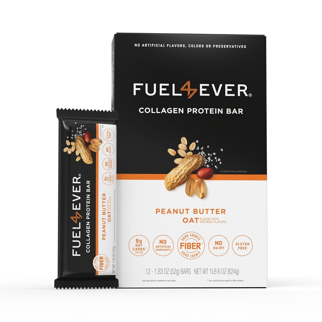 Fuel 4 Ever Collagen Protein Bars | 14G Protein, Gluten Free, Dairy Free, No Stevia or Artificial Ingredients Added, Sweetened with Honey | Peanut Butter Oat Flavor (Box of 12)