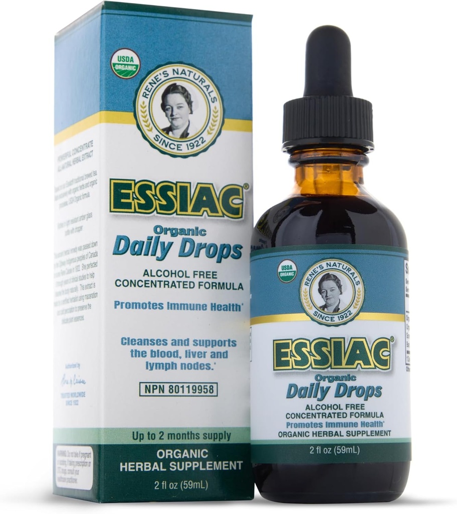 Essiac Original Tea USDA Organic Daily Drops for Enhanced Lymphorative Drainage and immunsupported 124; Alkoholfri koncentreret formel 124; 2oz (59ml)