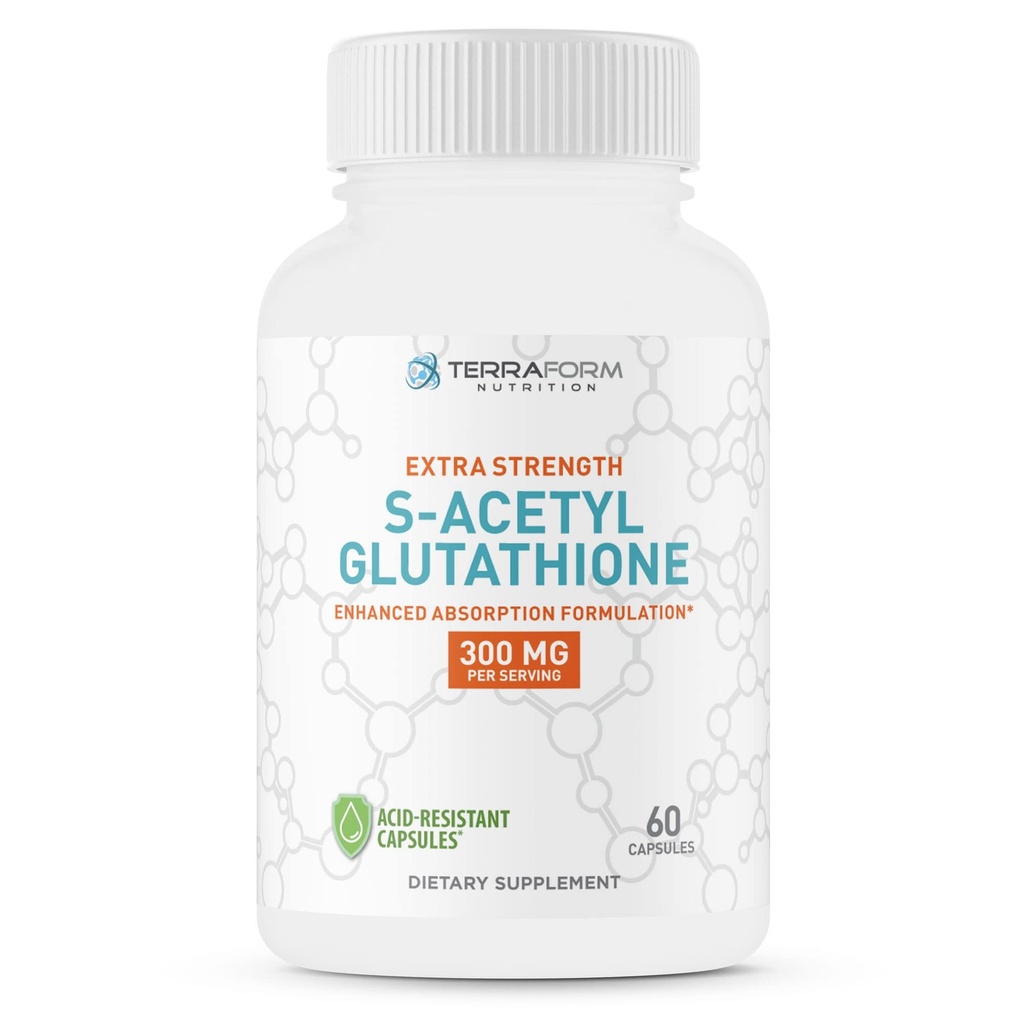 TerraForm Nutrition Extra Strength S- Acetyl Glutathion 300mg - 60 Acid - Resistente Kapsler - Premium Glutathion supplement - Meget biotilgængelig & Stabil Form SAG supplement - Made in USA