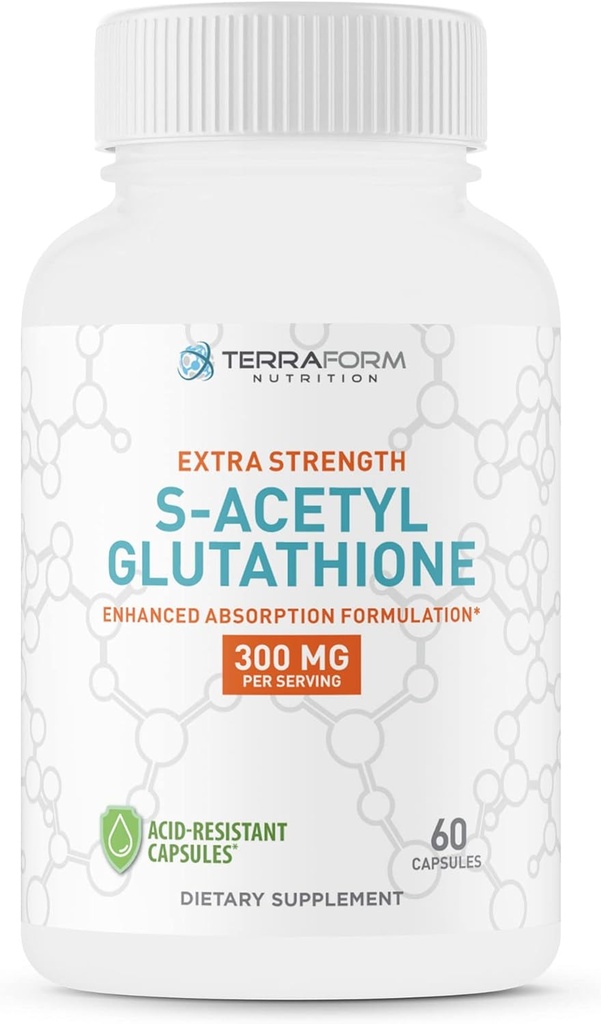 TerraForm Nutrition Extra Strength S- Acetyl Glutathion 300mg - 60 Acid - Resistente Kapsler - Premium Glutathion supplement - Meget biotilgængelig & Stabil Form SAG supplement - Made in USA
