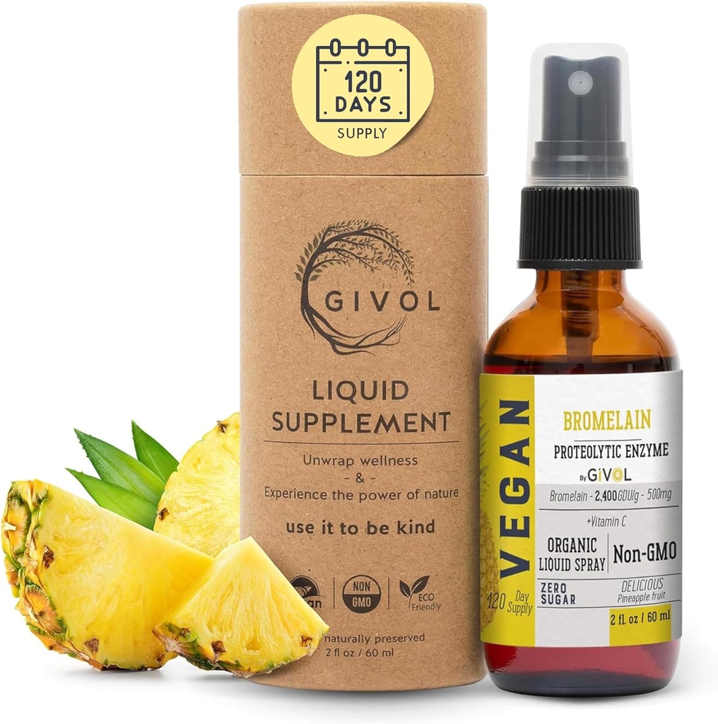 Organic Raw Bromelain Mist- Liquid Pineapple Extract - Forbedret potens 500mg, for børn og voksne - for fordøjelsessygdomme, Inflammatorisk respons, og heling - Non-GMO - 60ml 120 dages forsyning