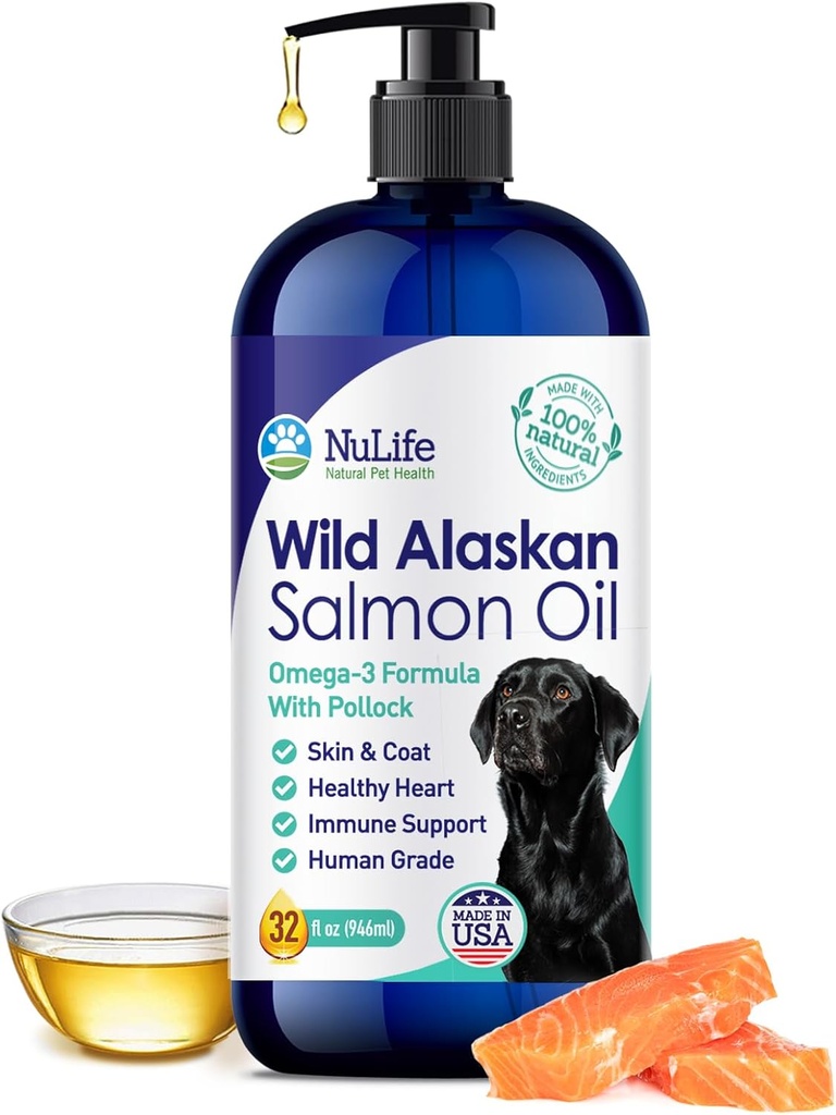 Pure Wild Alaska Salmon Oil for Dogs, Omega 3 Formel, Hund Fish Oil Liquid, Hud og Coat Supplement for Shedding, Tør Itchy Hud og Allergier, EPA + DHA fedtsyrer, 32 oz pumpe flaske
