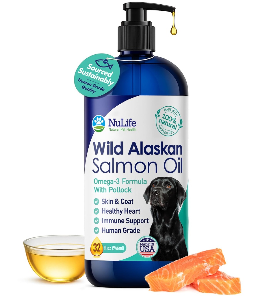 Pure Wild Alaska Salmon Oil for Dogs, Omega 3 Formel, Hund Fish Oil Liquid, Hud og Coat Supplement for Shedding, Tør Itchy Hud og Allergier, EPA + DHA fedtsyrer, 32 oz pumpe flaske