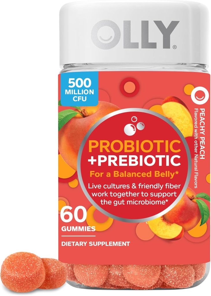 OLLY Probiotisk + Prebiotic Gummy, fordøjelsesstøtte og tandtråd sundhed, 500 Millioner CFU 'er, Fiber, Voksen tyggetabletter for mænd og kvinder, Peach, 60 dages forsyning - 60 Greve