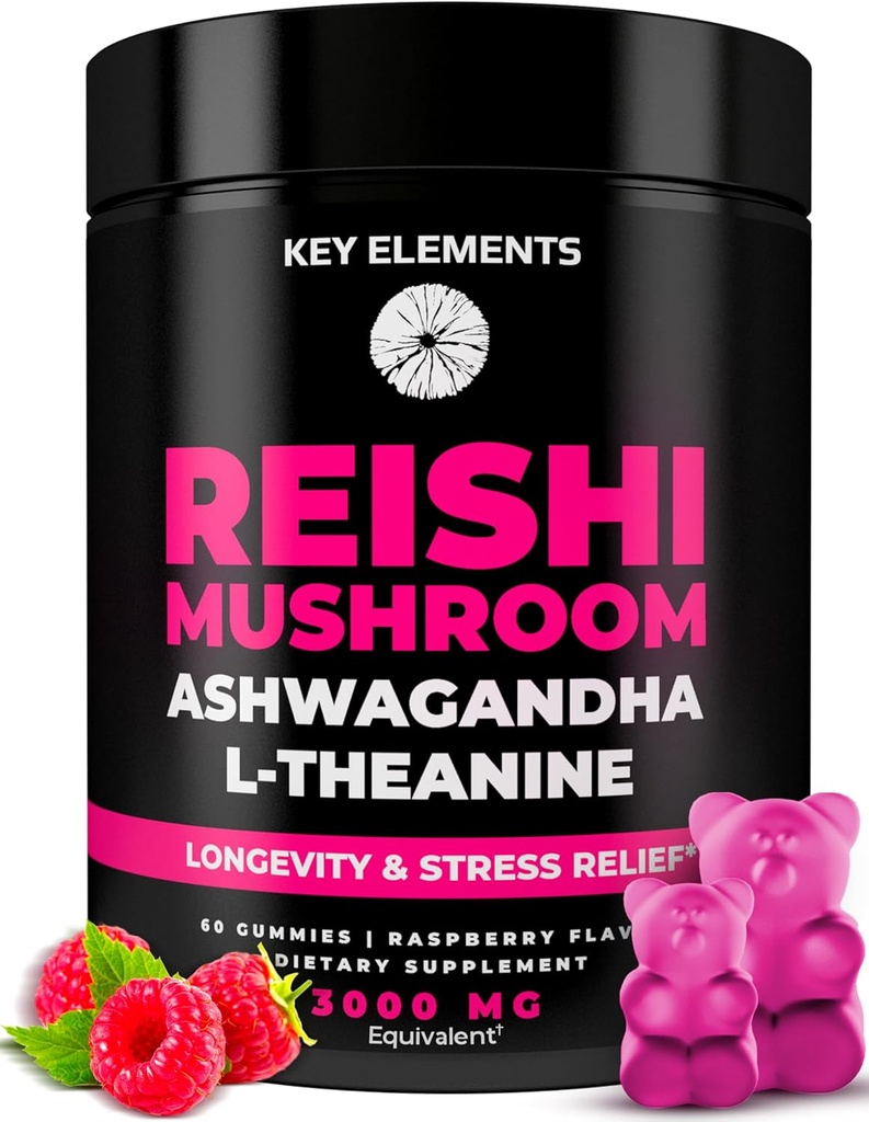 Natural Reishi Mushroom Gummies & L Theanine med Ashwagandha - Potent Mushroom Kosttilskud til immunforsvar, Stress Relief & Forbedre søvn Gummies - Ashwagandha Gummies for kvinder & mænd