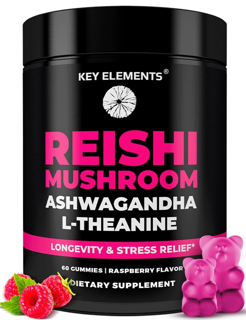 Natural Reishi Mushroom Gummies & L Theanine med Ashwagandha - Potent Mushroom Kosttilskud til immunforsvar, Stress Relief & Forbedre søvn Gummies - Ashwagandha Gummies for kvinder & mænd