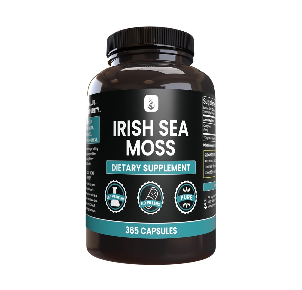 PURE ORIGINAL INGREDIENES Irish Sea Moss (365 kapsler) Altid ren, ingen tilsætningsstoffer eller fyldstoffer, Lab Verified