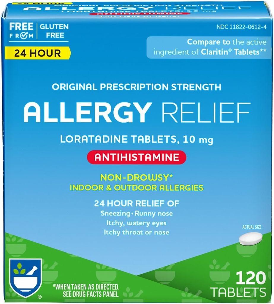 Rite Aid 24 Hour Loratadine 10 mg Allergy Relief Tablets, 10mg - 120 Count | Non-Drowsy Allergy Pills, Medicine