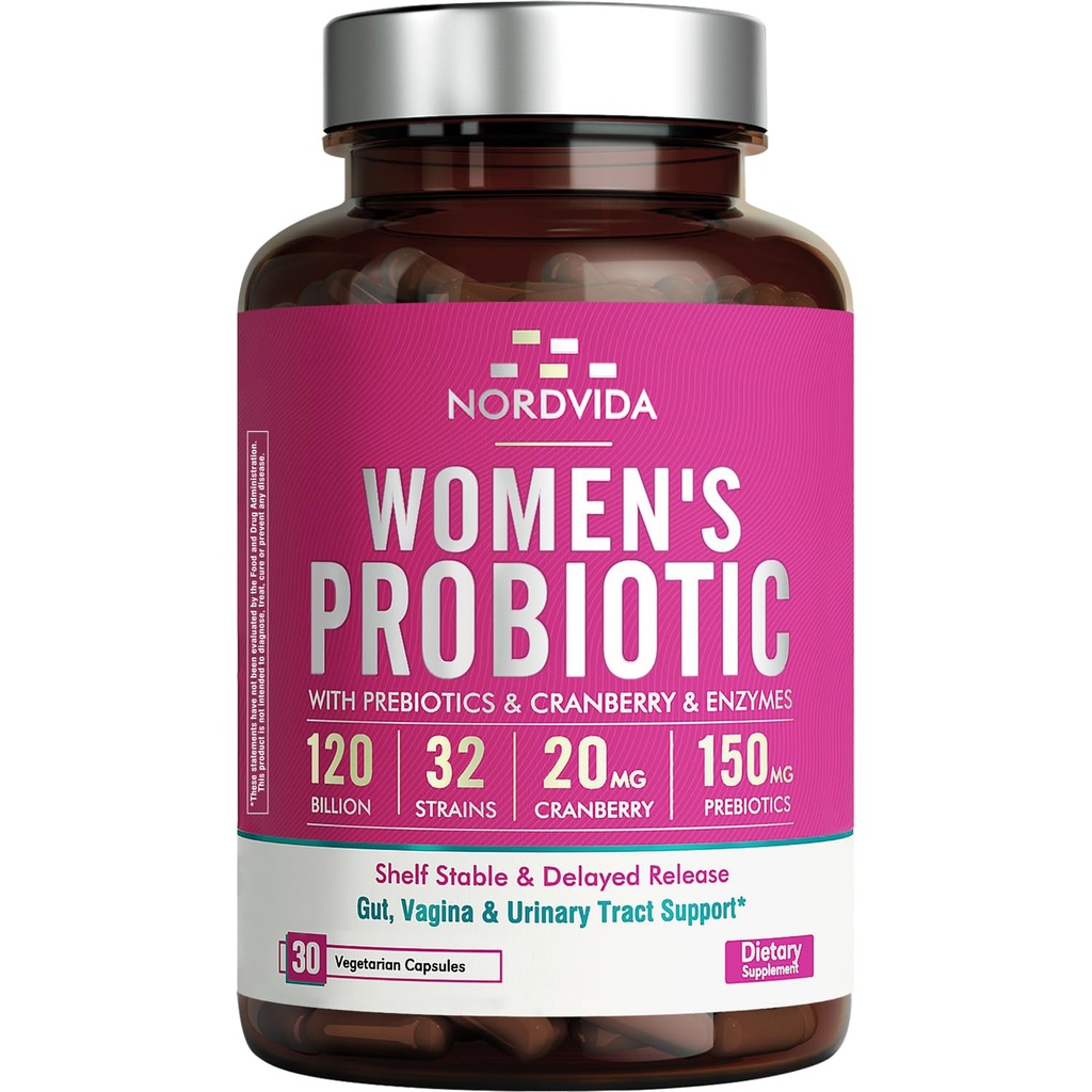 Kvindeprobiotika, 120 billioner & 32 Spor med tranebær, Prebiotika & fordøjelsesenzymer, Gut, Vaginal & Urinary Tract Support, 30 forsinkede frigivelseskapsler