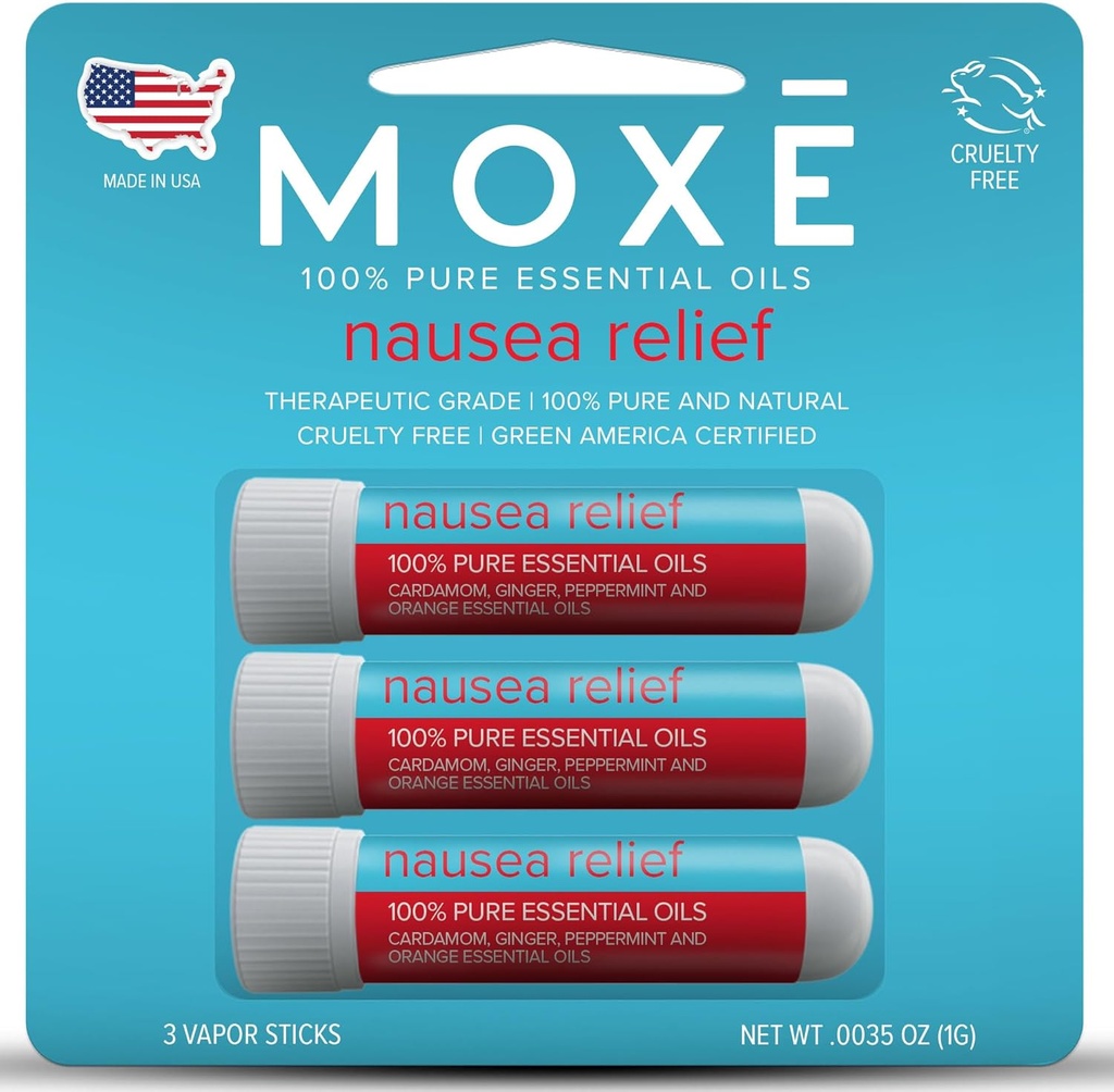 MOXE Kvalme Nasal Inhaler sticks, All Natural Essential Oil Blend, Ingefær, Cardamom, Pebermynte, Sweet Orange, Opsat Mave, Hovedpine, Easy- to- Use Portable Aromaterapi, Lavet i USA, 3 Pack