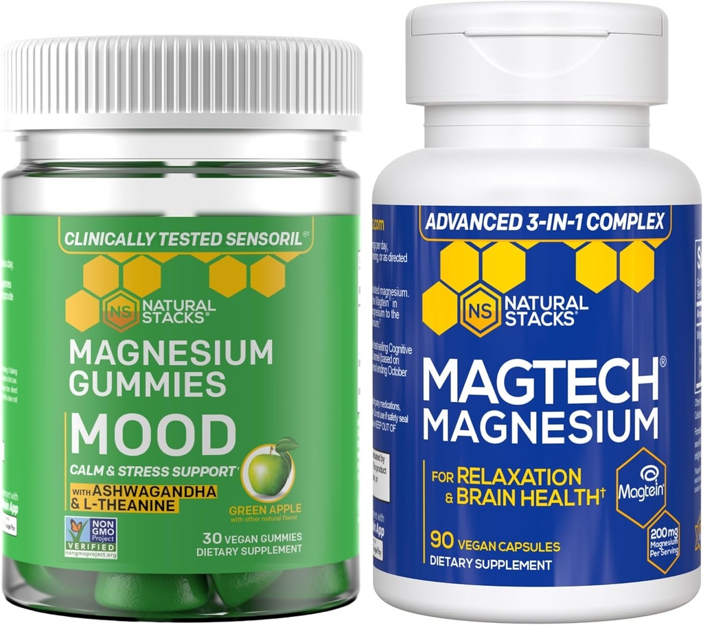 Naturlige stakke Magtech + Mood Magnesium Gummies Bundle - 4 former for Magnesium - Understøtter afslapning og hjerne sundhed * - 120 stykker