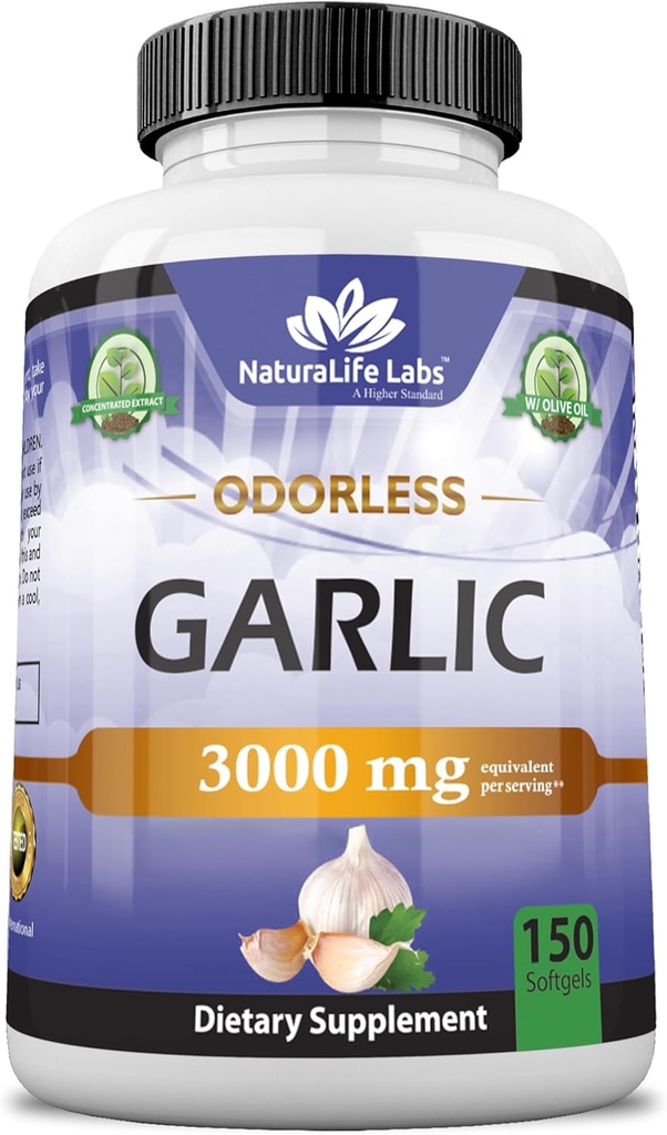 NaturaLife Labs Odorless Hvidløg - 3.000 mg Ækvivalent per servering - 150 Softgels - Koncentreret Hvidløg Bulb ekstrakt med Økologisk Ekstra Jomfru Olivenolie - Non- GMO, Gluten- Free